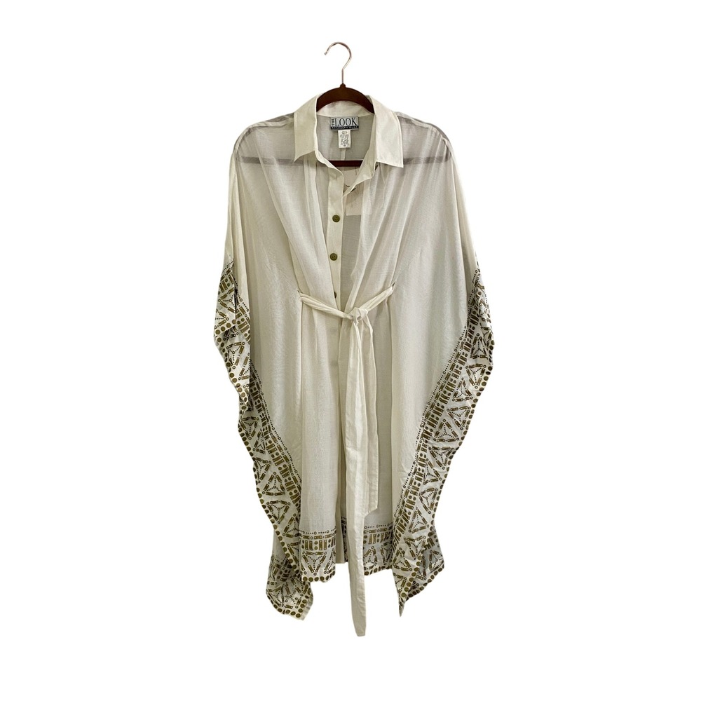 NWT‎ VTG The LOOK Randolph Duke Silk Cotton Kaftan Coverup White Gold Tunic XS
